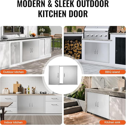 VEVOR BBQ Access Door, 39W x 26H Inch Double Outdoor Kitchen Door, Stainless Steel Flush Mount Door, Wall Vertical Door with Handles and Hooks, for BBQ Island, Grilling Station, Outside Cabinet
