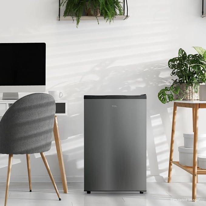 TCL 4.5 Cu. Ft. Compact Single Door Refrigerator, Small, Silver | 4.5-Cu. Ft. Compact Single Door Refrigerator, Silver, No Freezer, for Bedroom, Dorm, Office, Kitchen