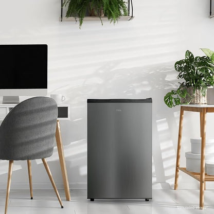 TCL 4.5 Cu. Ft. Compact Single Door Refrigerator, Small, Silver | 4.5-Cu. Ft. Compact Single Door Refrigerator, Silver, No Freezer, for Bedroom, Dorm, Office, Kitchen