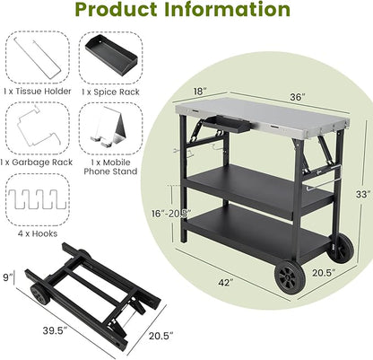 Giantex Outdoor Grill Cart with Wheels, Food Prep Table with 3 Storage Shelves, Detachable Spice Rack, Garbage Bag Holder, 4 Hooks, Movable Dining Cart Worktable Trolley for Outside Kitchen BBQ
