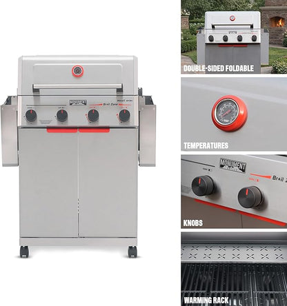Monument Grills 4 Burner Stainless Steel Propane Mesa2 Gas Grill, 500°F in 5 Mins, 525 sq.in, 37,000 BTU, Broil Zone, Foldable Side Shelves, Knob Control, Built in Thermometer, with 5 Accessories