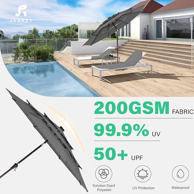 JEAREY 9 ft 3-Tier Outdoor LED Lighted Patio Umbrella w/Crank, Gray | Solar Market Table Umbrella with 8 Sturdy Ribs, UV Protection Waterproof Sunproof for Garden, Deck and Backyard