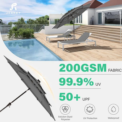 JEAREY 9 ft 3-Tier Outdoor LED Lighted Patio Umbrella w/Crank, Gray | Solar Market Table Umbrella with 8 Sturdy Ribs, UV Protection Waterproof Sunproof for Garden, Deck and Backyard