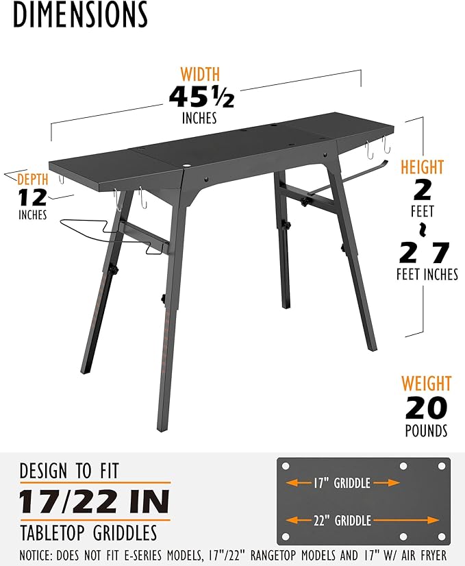 Folding Stand for Blackstone 17 & 22 Inch Tabletop Griddle – Portable Grill Table with Adjustable Legs for Uneven Ground, Side Shelves, Paper Towel Holder, Trash Bag Holder – Heavy Duty for Camping
