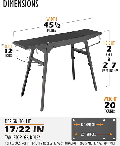 Folding Stand for Blackstone 17 & 22 Inch Tabletop Griddle – Portable Grill Table with Adjustable Legs for Uneven Ground, Side Shelves, Paper Towel Holder, Trash Bag Holder – Heavy Duty for Camping