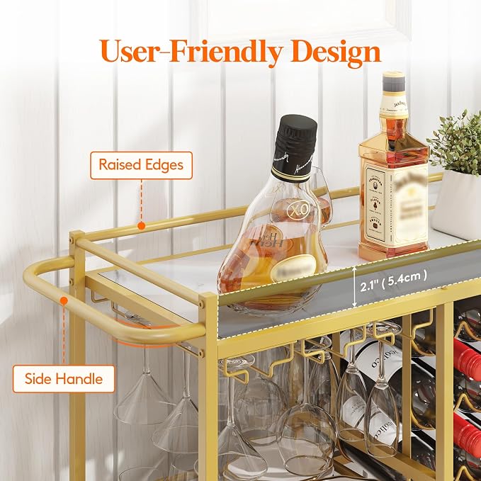 Lifewit 3 Tier Rolling Serving Bar Cart with Lockable Wheels, Gold | 12 wine rack and 3 rows glass holders, liquor serving cart for living room, 31.6 x 13.1 x 33.9 inch rolling beverage stand