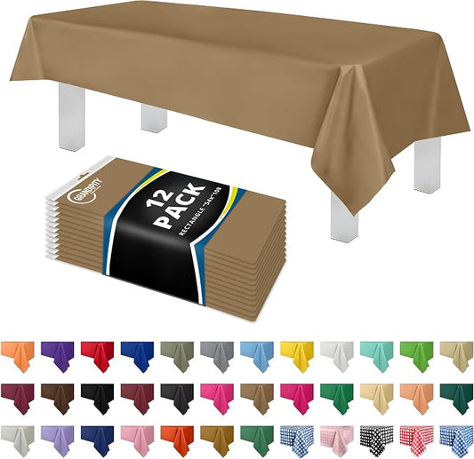 Grandipity 12 Pack Premium Disposable Plastic Tablecloth 54 Inch. x 108 Inch. Decorative Rectangle Table Cover - Gold