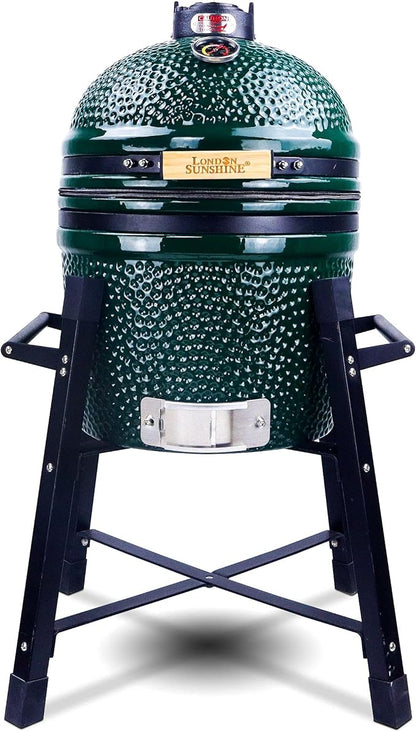 London Sunshine Ceramic Kamado Charcoal BBQ Grill and Smoker, Stainless Steel Grates -15" Ceramic with Tall Stand (GREEN)