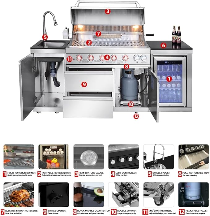 BBQ Outdoor Kitchen Island Grill Barbecue Modular Patio Kitchens Kits with Electric Rotisserie, Sink, fridge, and Burner for More than 10 People