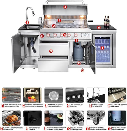 BBQ Outdoor Kitchen Island Grill Barbecue Modular Patio Kitchens Kits with Electric Rotisserie, Sink, fridge, and Burner for More than 10 People
