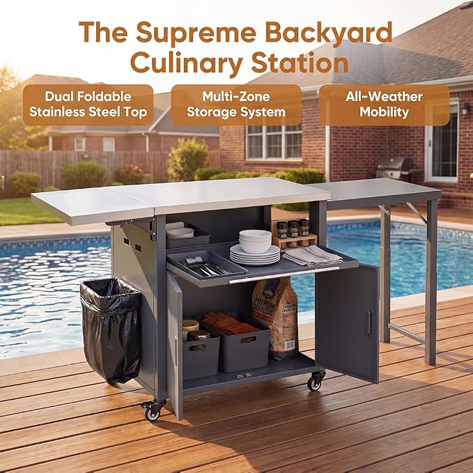 74” Outdoor Grill Table with Storage Cabinet & Folding, Metal | Stainless Steel Top Grill Cart for Kitchen with Universal Wheels, Kitchen Island Prep Table/Pizza Oven/Trash Rack, BBQ Patio