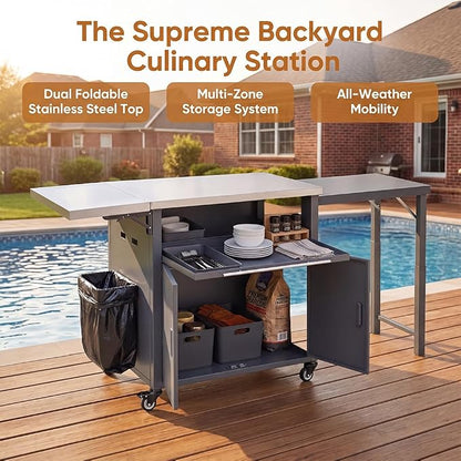74” Outdoor Grill Table with Storage Cabinet & Folding, Metal | Stainless Steel Top Grill Cart for Kitchen with Universal Wheels, Kitchen Island Prep Table/Pizza Oven/Trash Rack, BBQ Patio