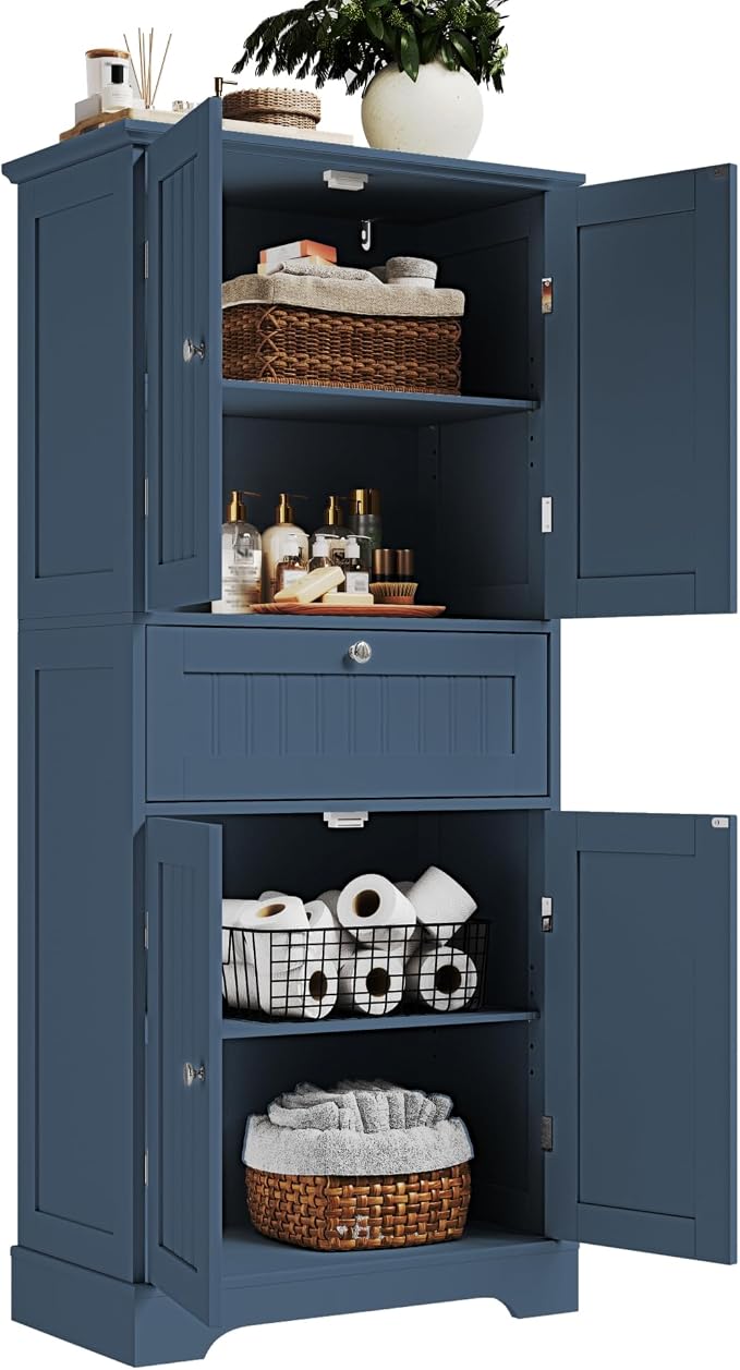 ChooChoo 51" H Bathroom Floor Cabinet with Drawers and Adjustable Shelves | Bathroom Storage Cabinet, Freestanding Kitchen Pantry Cupboard with 4 Doors for Living Room, Blue
