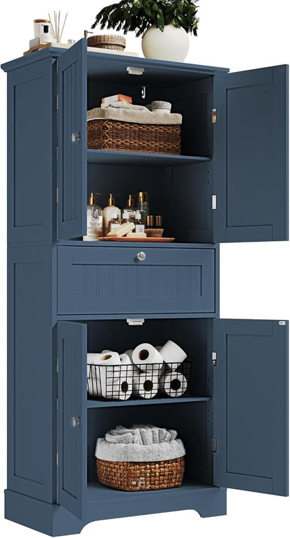 ChooChoo 51" H Bathroom Floor Cabinet with Drawers and Adjustable Shelves | Bathroom Storage Cabinet, Freestanding Kitchen Pantry Cupboard with 4 Doors for Living Room, Blue