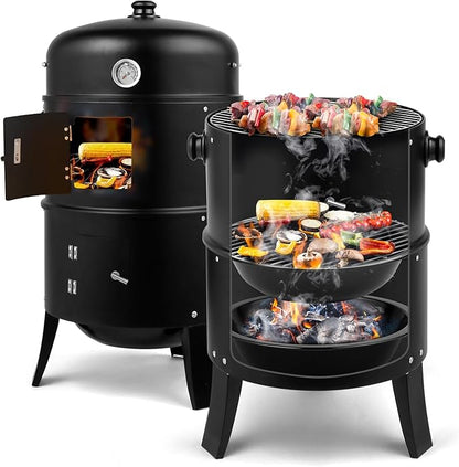16 Inch BBQ Grill 2-layer with Grids& Hook Inside, Portable Outdoor Woodfire Vertical Charcoal Smoker with Lid& Thermometer for Camping, Tailgating & Backyard Cooking, 402 sq. in Cooking Area