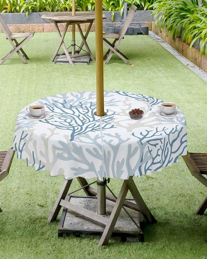 Blue Grey Coral Coastal Outdoor Tablecloth - 54 Inch Round Waterproof Dining Table Cover, Summer Beach Seaside Nautical Outdoor Table Cloth with Umbrella Hole & Zipper for Picnic/Patio