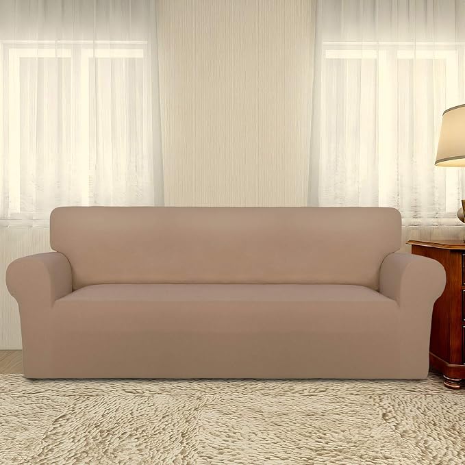 PureFit Stretch Couch Covers for Sofa Large Sofa Slipcovers Camel | 1-Piece Spandex Couch cover Soft Couch protector, Sofa cover Washable with Non Skid Foam and Elastic Bottom for Kids, Dogs