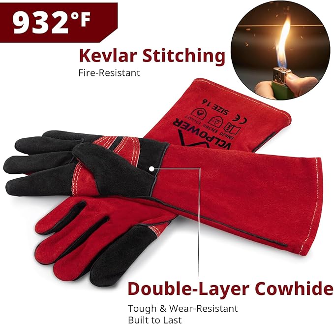 vclpower Welding Gloves 16 Inches 932°F Extreme Heat Fire Resistant Leather Forge Gloves for Mig, Tig, Stick, BBQ, Fireplace, Wood Stove, Furnace, Animal Handling, Handling Dry Ice - Safety Work 2XL