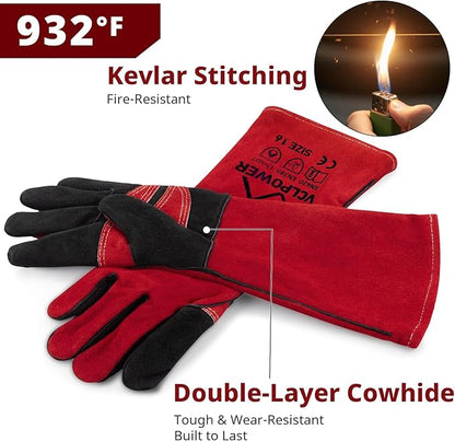 vclpower Welding Gloves 16 Inches 932°F Extreme Heat Fire Resistant Leather Forge Gloves for Mig, Tig, Stick, BBQ, Fireplace, Wood Stove, Furnace, Animal Handling, Handling Dry Ice - Safety Work 2XL