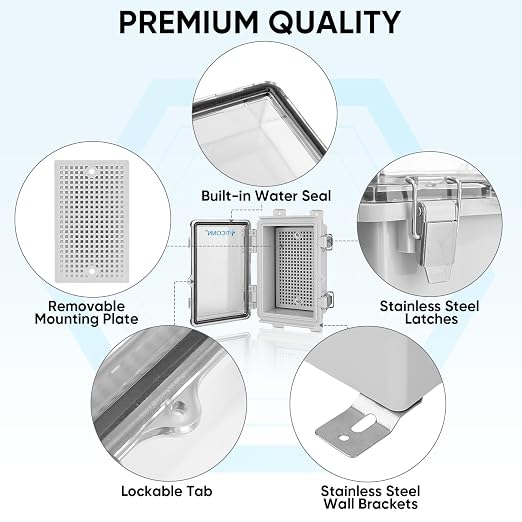 TICONN Outdoor Electrical Box Waterproof, Junction Box IP67 ABS Plastic Enclosure with Hinged Cover with Mounting Plate, Wall Brackets, Cable Glands (Clear, 5.9"x3.9"x2.8")