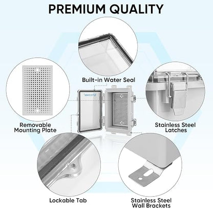 TICONN Outdoor Electrical Box Waterproof, Junction Box IP67 ABS Plastic Enclosure with Hinged Cover with Mounting Plate, Wall Brackets, Cable Glands (Clear, 5.9"x3.9"x2.8")