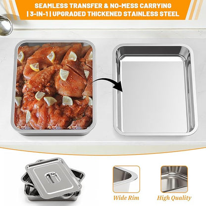 Grilling Prep and Serve Trays with Oil Drain Rack, Stainless Steel Grilling Prep and Serve Tray, Marinade Container with Lid, Oil Drain Rack, Cutting Board, BBQ Grill Accessories