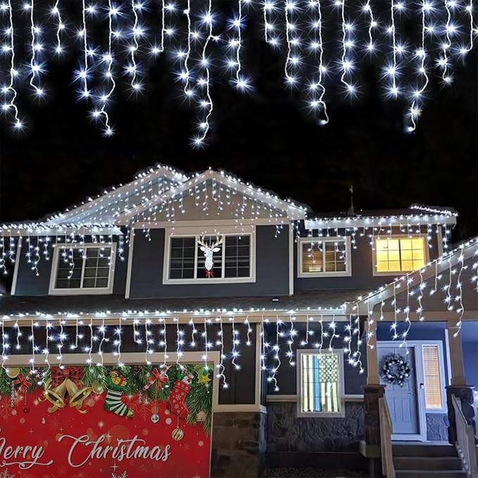 YEGUO 33ft 400 LED Icicle Lights Outdoor, 80 Drops Icicle Christmas Lights Connectable, 8 Modes White Icicle String Lights with Timer Memory Indoor