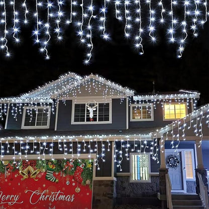 YEGUO 33ft 400 LED Icicle Lights Outdoor, 80 Drops Icicle Christmas Lights Connectable, 8 Modes White Icicle String Lights with Timer Memory Indoor