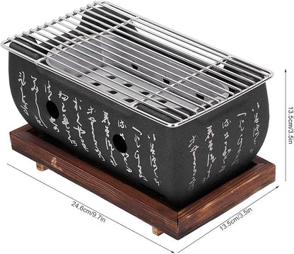 Japanese Charcoal Barbecue Grill, Household Aluminium Alloy Japanese BBQ Grill with Wire Mesh and Wooden Base Portable Barbecue Stove for Outdoor Camping Picnic