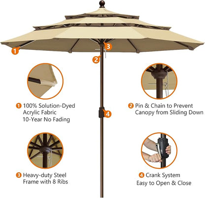 EliteShade USA 10-Year-Non-Fading 10ft 3-Tier Market Patio Umbrella, Commercial Grade Outdoor Table Umbrella with Crank Open, Windproof & UPF 50+ UV Protection, Heavy Duty Ventilation for Garden, Deck, Pool, Backyard, Beach & Bistro, No Tilt, Sand