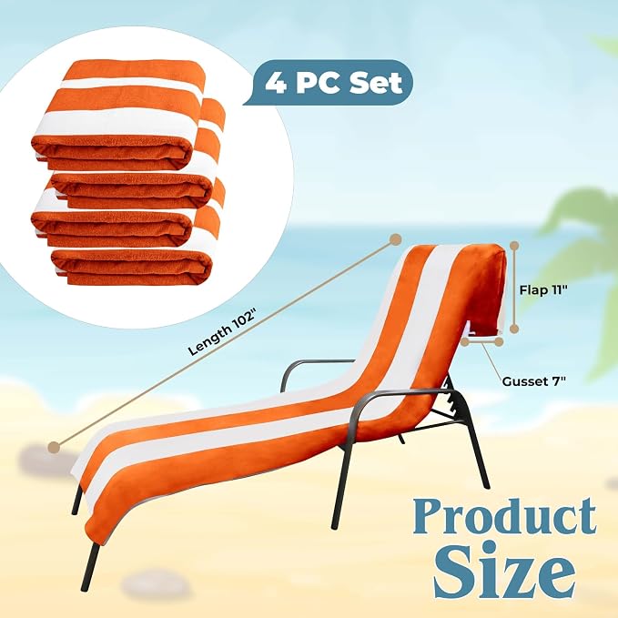 Superior Cabana Cotton Lounge Chair Cover, Outdoor Towel/Chaise Furniture Covers, Terry Cloth, Beach, Spa, Swim Accessories, Pool Chair Cover, Soft, Quick Drying, 32" x 102", Set of 4, Orange