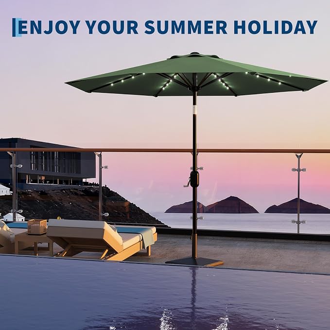Garvee patio Umbrella with Solar Lights, Outdoor Table Umbrella with 8 Durable Ribs, Tilt & Crank Mechanism, Waterproof & UV Protection for Garden, Backyard, Poolside,