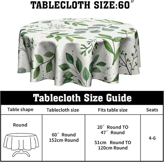 Sweetshow Spring Floral Teal Sage Green Tablecloth Round 60 Inch Watercolor Eucalyptus Leaf Round Table Cloth Wrinkle Resistant Washable Table Cover for Kitchen Dining Room Holiday Party Picnic Patio