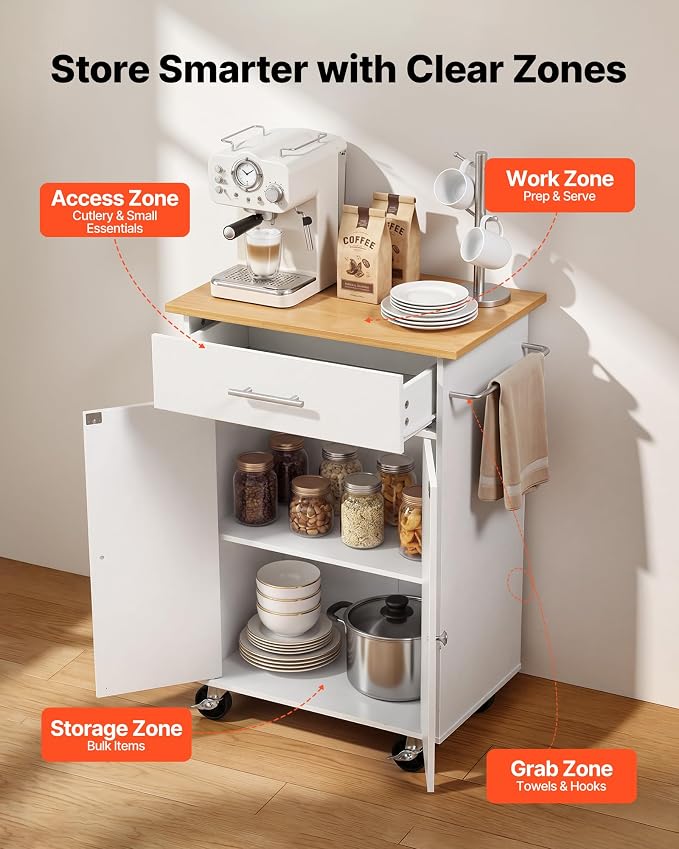 VEVOR Kitchen Island Cart with Storage, 24.84 in Wide Mobile Rolling Storage Island on Swivel Wheels, with Drawer, Storage Cabinet, Towel Rack, Hooks, Table for Home Dining Room, White