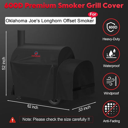 Grill Cover for Oklahoma Joe's Longhorn Offset Smoker - 600D Premium Smoker Cover Waterproof & Heavy Duty for Oklahoma Joe's Longhorn Smoker Grill