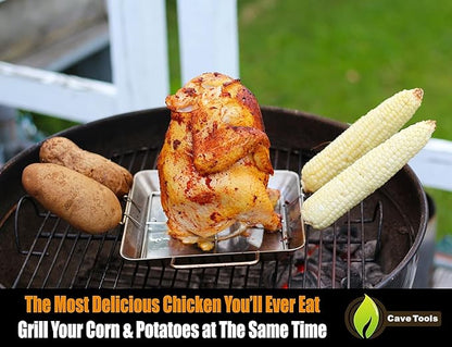 Cave Tools Roasting and Grill Rack, Stainless Steel BBQ Accessories for Smoker, Grill or Oven, Dishwasher Safe - Beer Can Chicken & Turkey Holder Roasting Pan with Vegetable Spikes