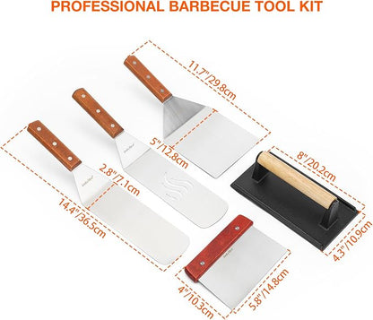 onlyfire Professional Flat Top Barbecue Tool Kit Grill Griddle Tools | Griddle Accessories for Camping, Outdoor Hibachi, Backyard-5 pcs