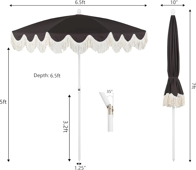 JONATHAN Y Mariner 6.5 ft. Solid Fringe Beach Umbrella, Black | Push-Button Tilt, UV 50 Protection, Matching Carry Bag, White Iron Pole, Wind Vent, Scalloped Round Canopy