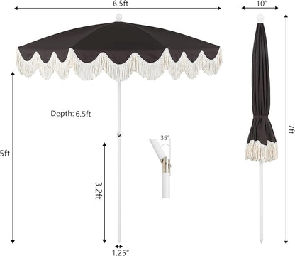 JONATHAN Y Mariner 6.5 ft. Solid Fringe Beach Umbrella, Black | Push-Button Tilt, UV 50 Protection, Matching Carry Bag, White Iron Pole, Wind Vent, Scalloped Round Canopy