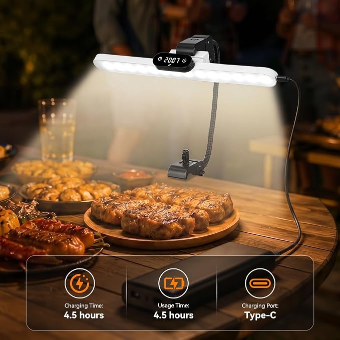 BBQ Grill Light, Rechargeable LED Grill Lamp with Digital BBQ Timer Clock, 3 Color Modes & Adjustable Brightness, Fits Blackstone, Weber & Smoker, Perfect Grilling Gifts