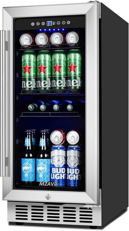 15 Inch Beverage Refrigerator Under Counter, 130 Cans Beverage Fridge Built-in or Freestanding, 15" Drink Cooler with Glass Door, Blue LED Light, Safety Lock - for Home/Kitchen(3.1 cu.ft)