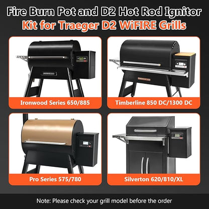 QuliMetal 304 Stainless Steel Fire Burn Pot and D2 Hot Rod Ignitor Kit for Traeger Pro 575 & 780, Ironwood 650 & 885, Silverton 620 & 810 Wood Pellet Grills with D2 Direct Drive and WiFIRE Technology