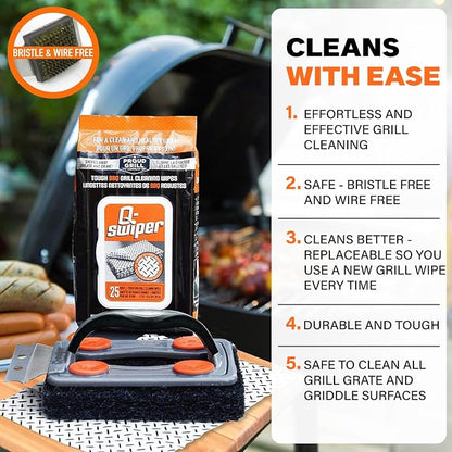 Proud Grill Q-Swiper BBQ Grill Cleaner Gift Bundle - 1 pc Bristle-Free Brush, 65 Moist Cleaning Wipes, 2 pcs Reusable Cloths - Safe Cleaner for Outdoor, Flat Top, Smoker, Griddle & Grates, BBQ Tools