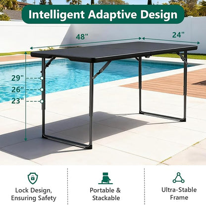 2 Pack Folding Table, 4FT Foldable Picnic Table with Adjustable Height, Heavy Duty Fold-in-Half Portable Table for Weddings, Camping, RV Travel, Parties, BBQs, Easy to Fold and Store, Black