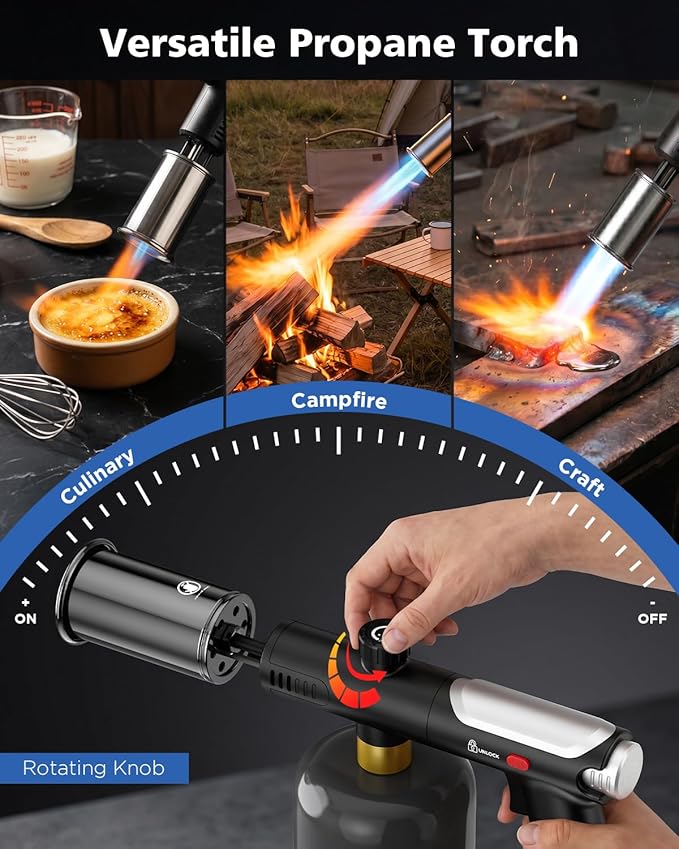Propane Torch Gun & Weed Burner Torch - Adjustable Flame Thrower Gun with Safety Lock & One-Touch Max Fire, Cooking Blow Torch for Searing, Charcoal Starter, BBQ & Weeding (Tank Not Included)