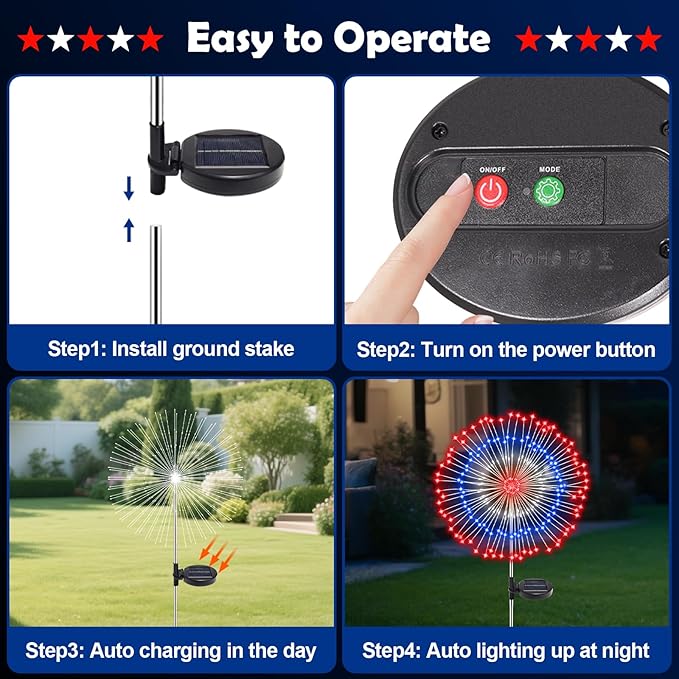 4th of July Decorations Solar Fireworks Lights for Outside, 2 Pack 180LED Red White Blue Solar Lights Outdoor with 8 Mode, Firework Patriotic Light for 4th of July Memorial Day Party Decoration