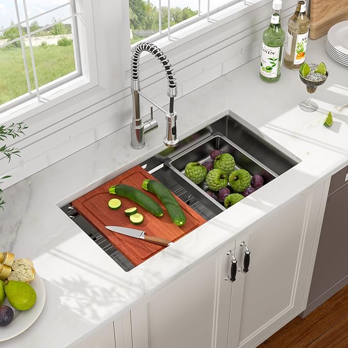 32x17 Inch Undermount Kitchen Sink with Upgraded Fast Drain & Anti-Clog All-In-One, 16 Gauge Stainless Steel Workstation Sink, Single Bowl Deep Under Counter Sink