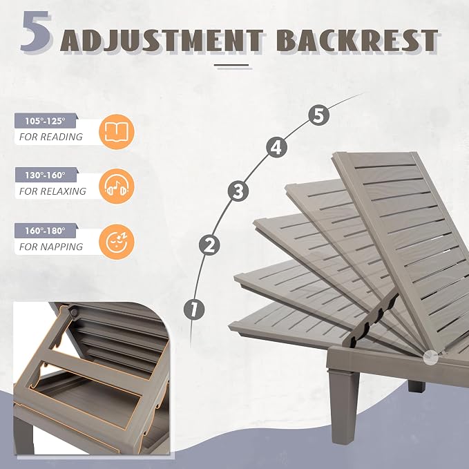Outdoor Lounge Chairs Set of 2, 5-Position Adjustable Tanning Chairs with Wood Grain, All-Weather Resin Patio Recliners for Pool, Garden, Deck, Beach, Patio Lounge Chairs, Texture Grey