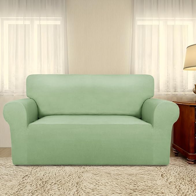 PureFit Stretch Loveseat Covers Fleece Couch Covers for Sofa Sage Green | 1-Piece Sofa Slipcover Soft Couch Protector, Sofa Cover Washable with Non Skid Foam and Elastic Bottom for Kids, Dogs