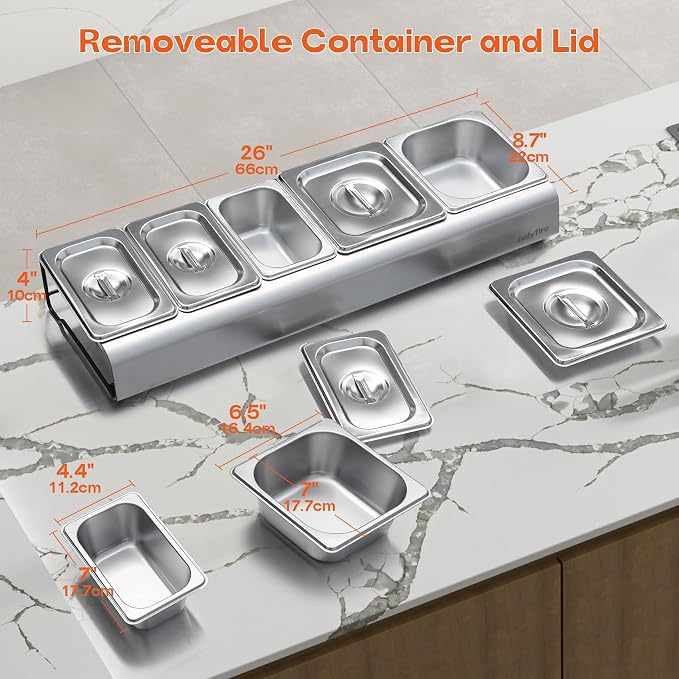 Onlyfire Pizza Topping Station, Stainless Steel Condiment Seasoning Containers with Lid and 5 Compartment Trays for Prepping Ingredients and Toppings, Pizza Oven Accessories Outdoor